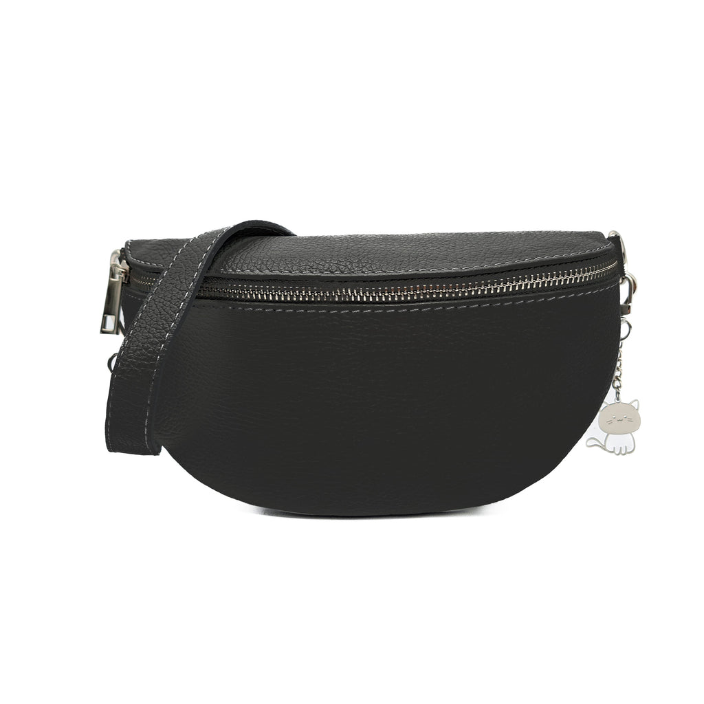 Italian Real Leather Bum Bag Style Crossbody Bag - BLACK image