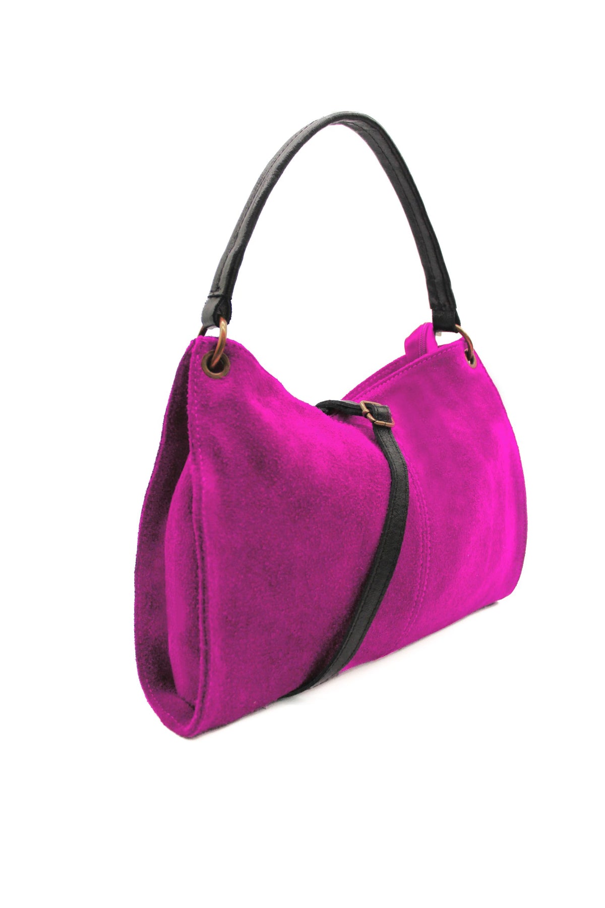 Genuine Italian Suede Leather Stylish Small Shoulder Bag With Detachable Strap - FUCHSIA image