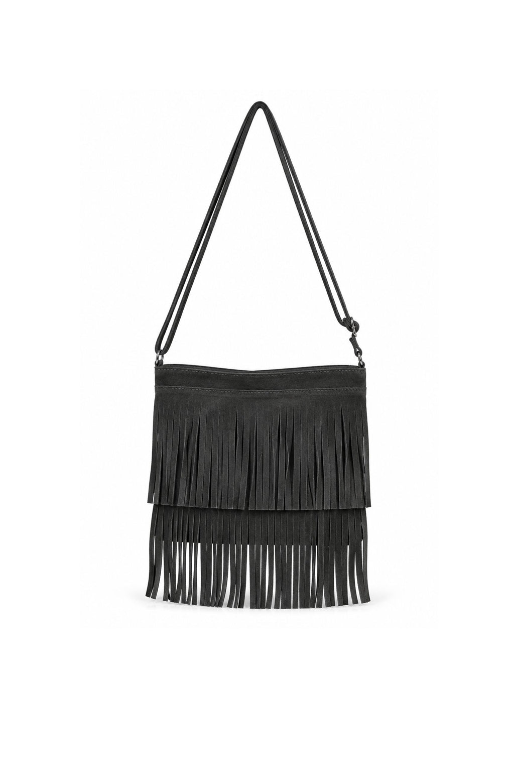 Genuine Italian Suede Fringe Crossbody Bag with Adjustable Strap - Dark Grey image