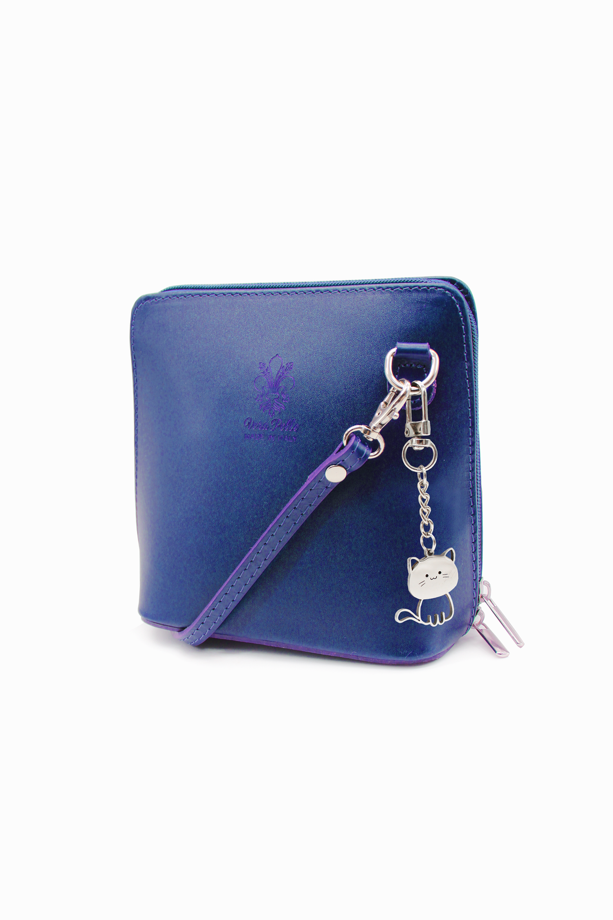 Small Italian Leather Handbag Crossbody Bag With Kitise Kitty Charm - Royal Blue image