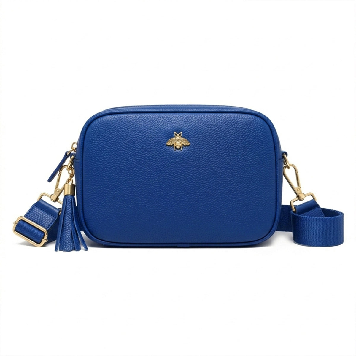 Genuine Leather Bee Logo Tassel Crossbody Camera Handbag - BLUE image