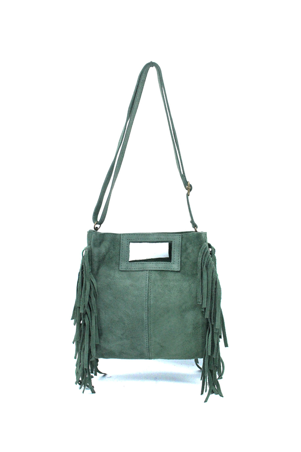 Genuine Italian Suede Crossbody Bag with Boho Fringe Design - Green image