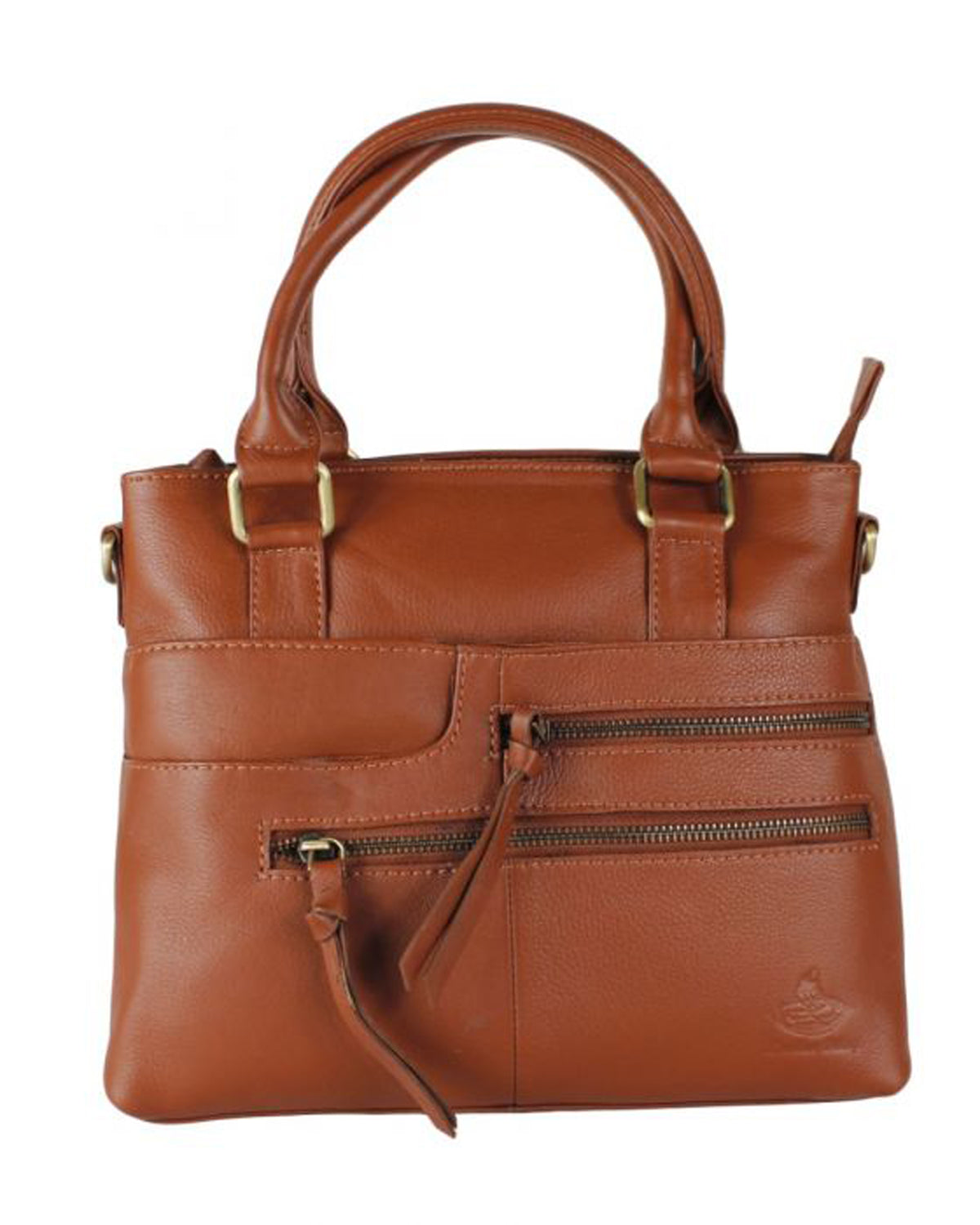 Elegant Zipper Accents Genuine Leather Shoulder Handbag - BROWN image