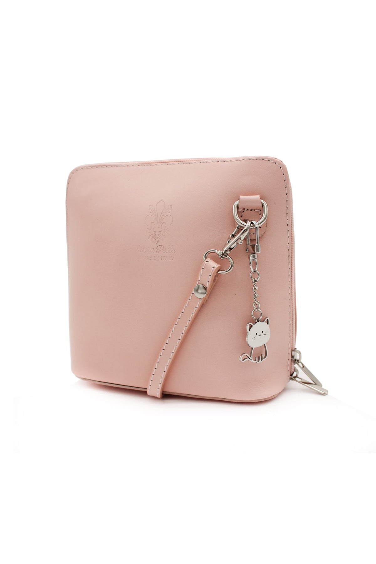 Small Italian Leather Handbag Crossbody Bag With Kitise Kitty Charm - Pink image