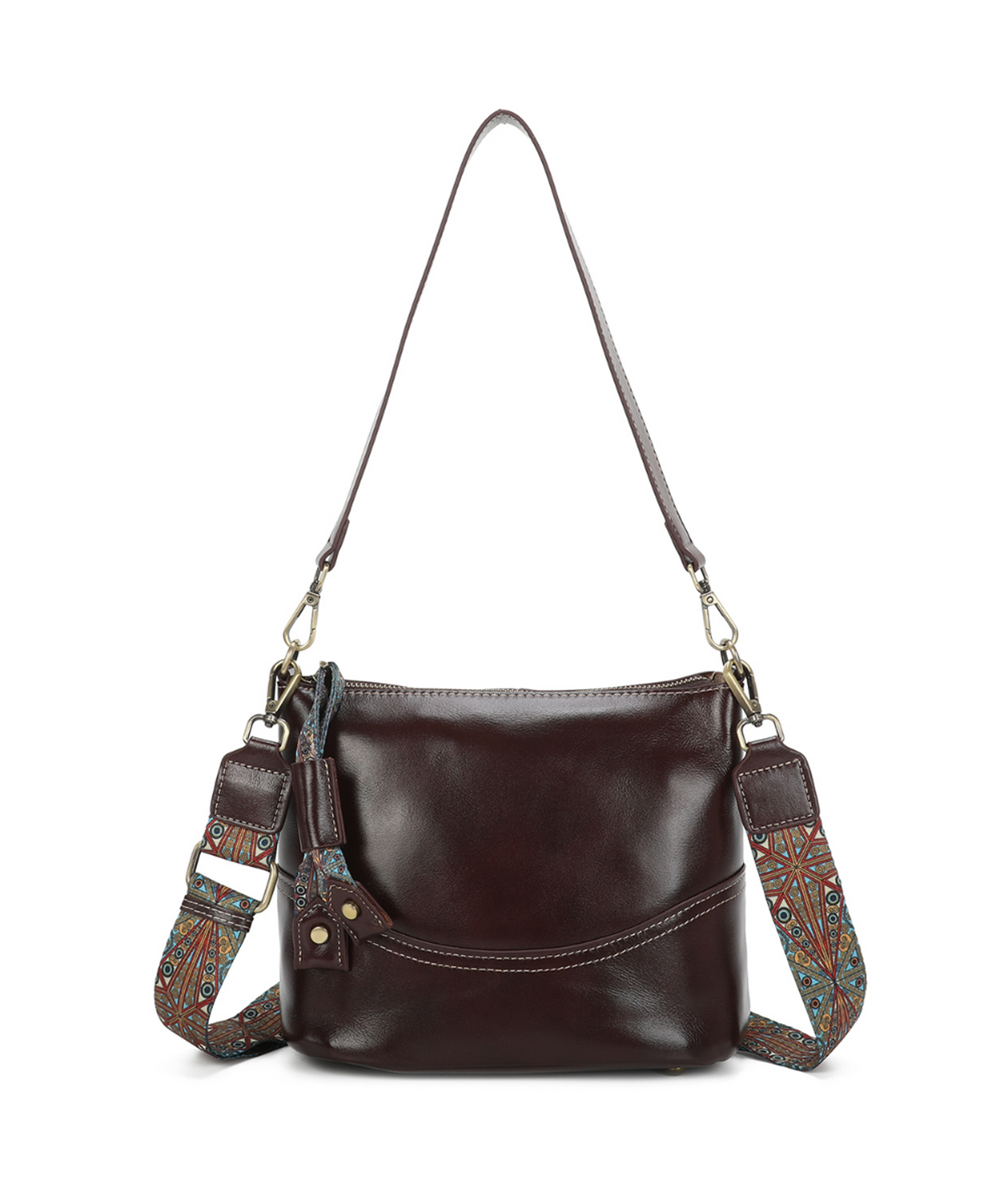Boho-Chic Strap Genuine Leather Shoulder Bag - BURGUNDY image