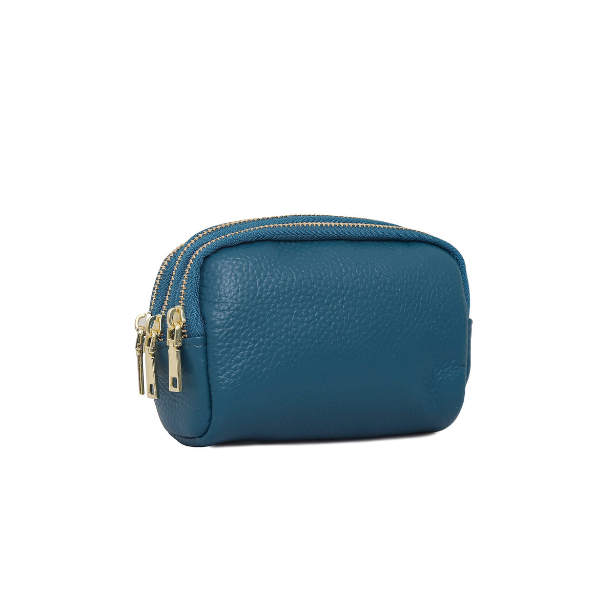 Genuine Leather Gold Tone Zippered Compact Pouch Purse - TEAL image