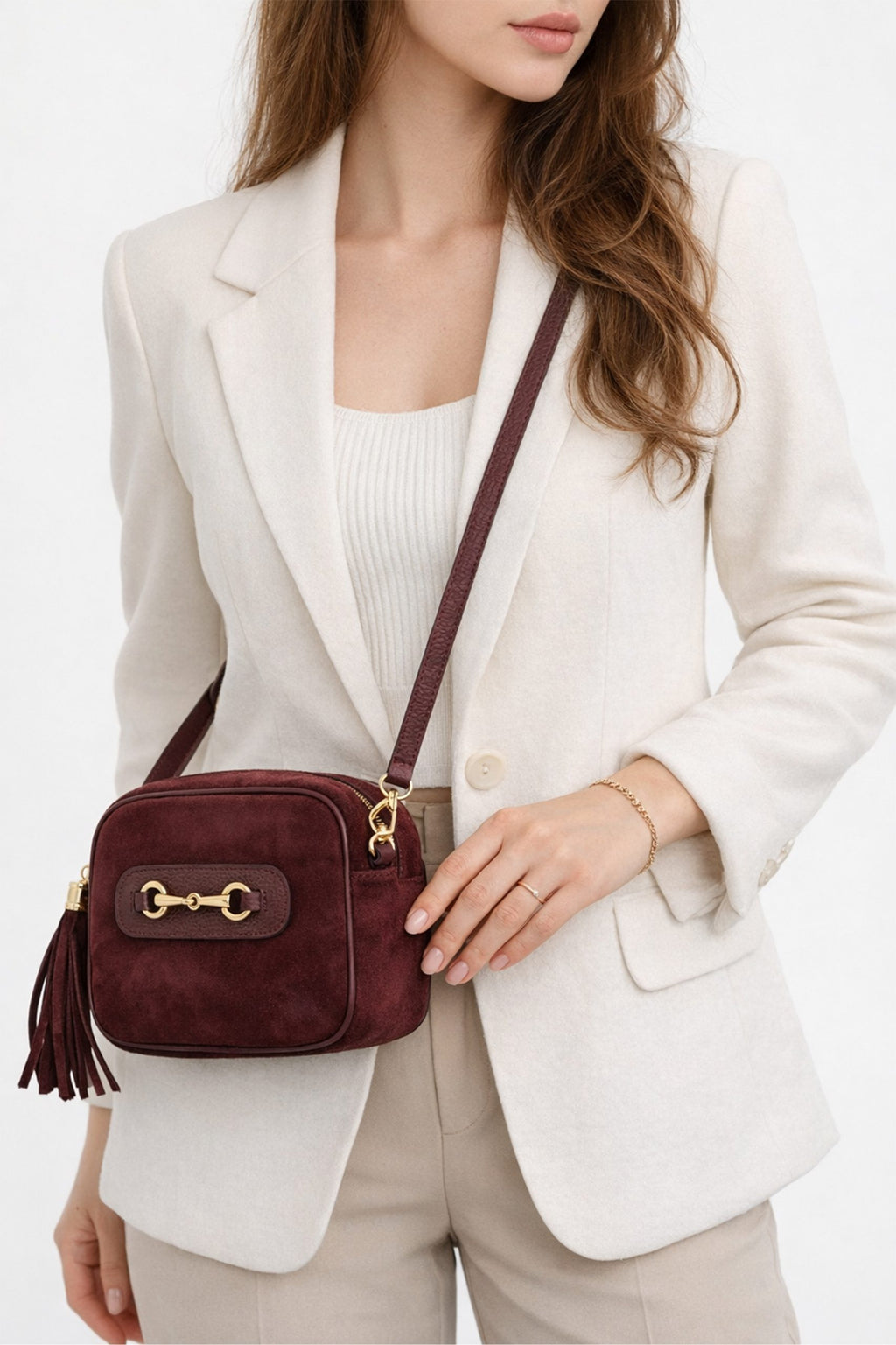 Italian Genuine Suede Crossbody Bag with Horsebit Detail image 2