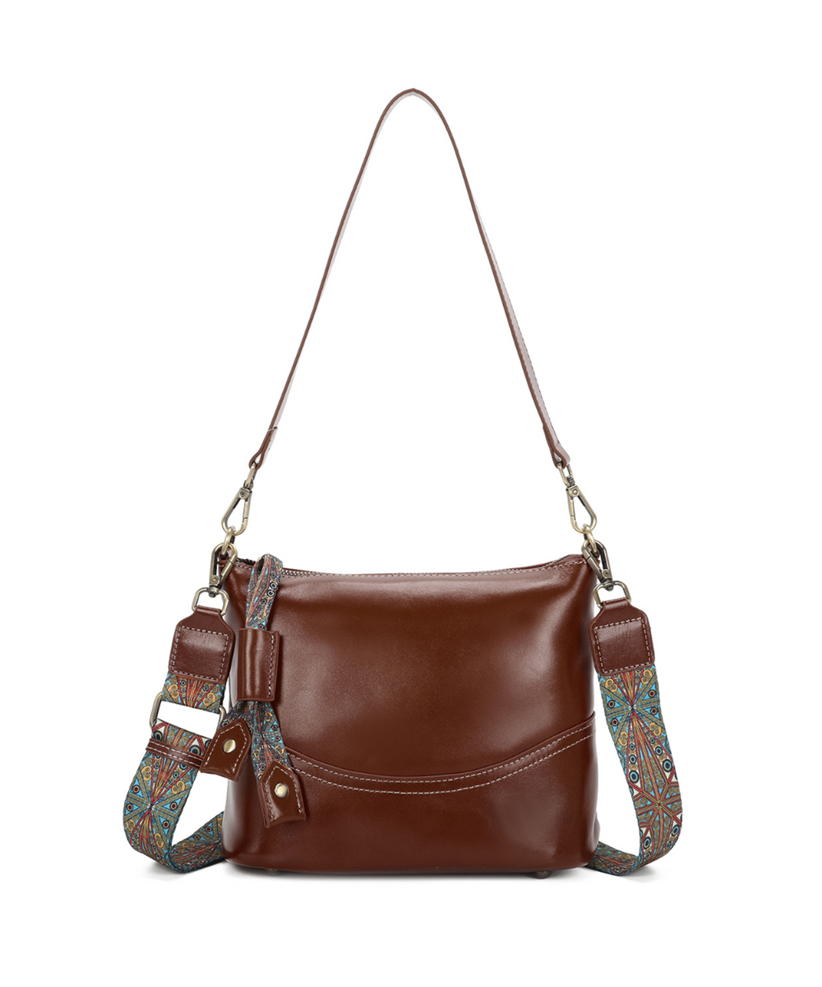 Boho-Chic Strap Genuine Leather Shoulder Bag - BROWN image
