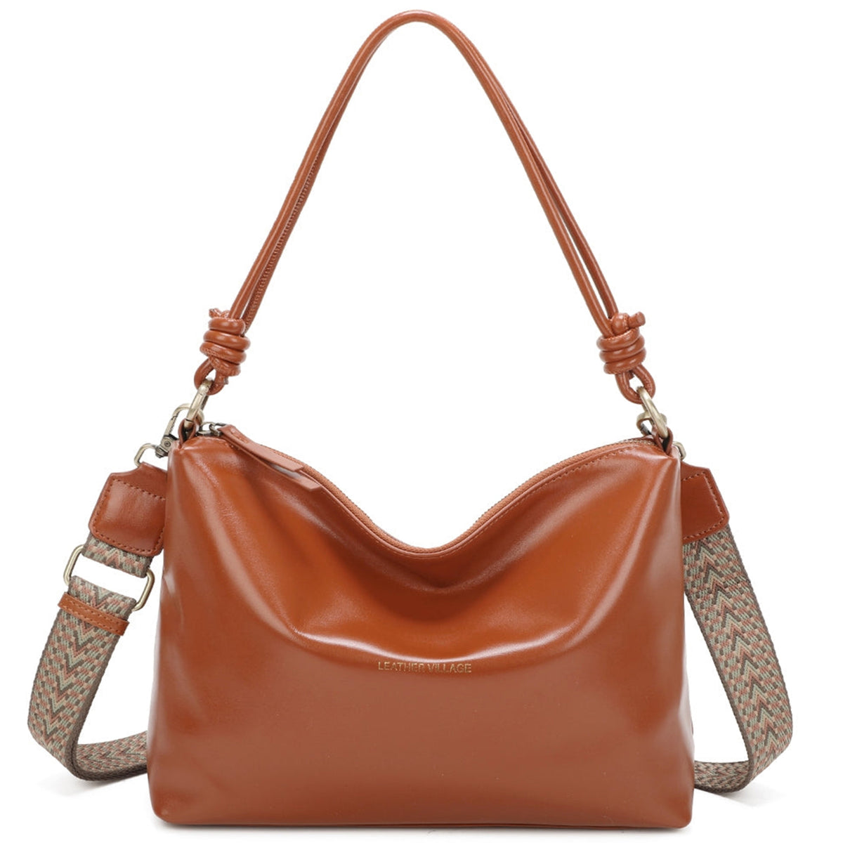 Genuine Leather Knotted Handle Crossbody Shoulder Bag - TAN image
