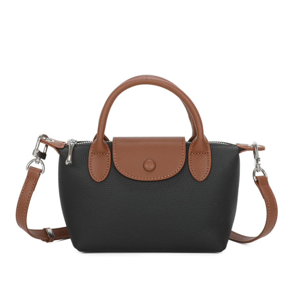 Top Handle Detachable Strap Genuine Leather Shoulder Bag - BLACK image