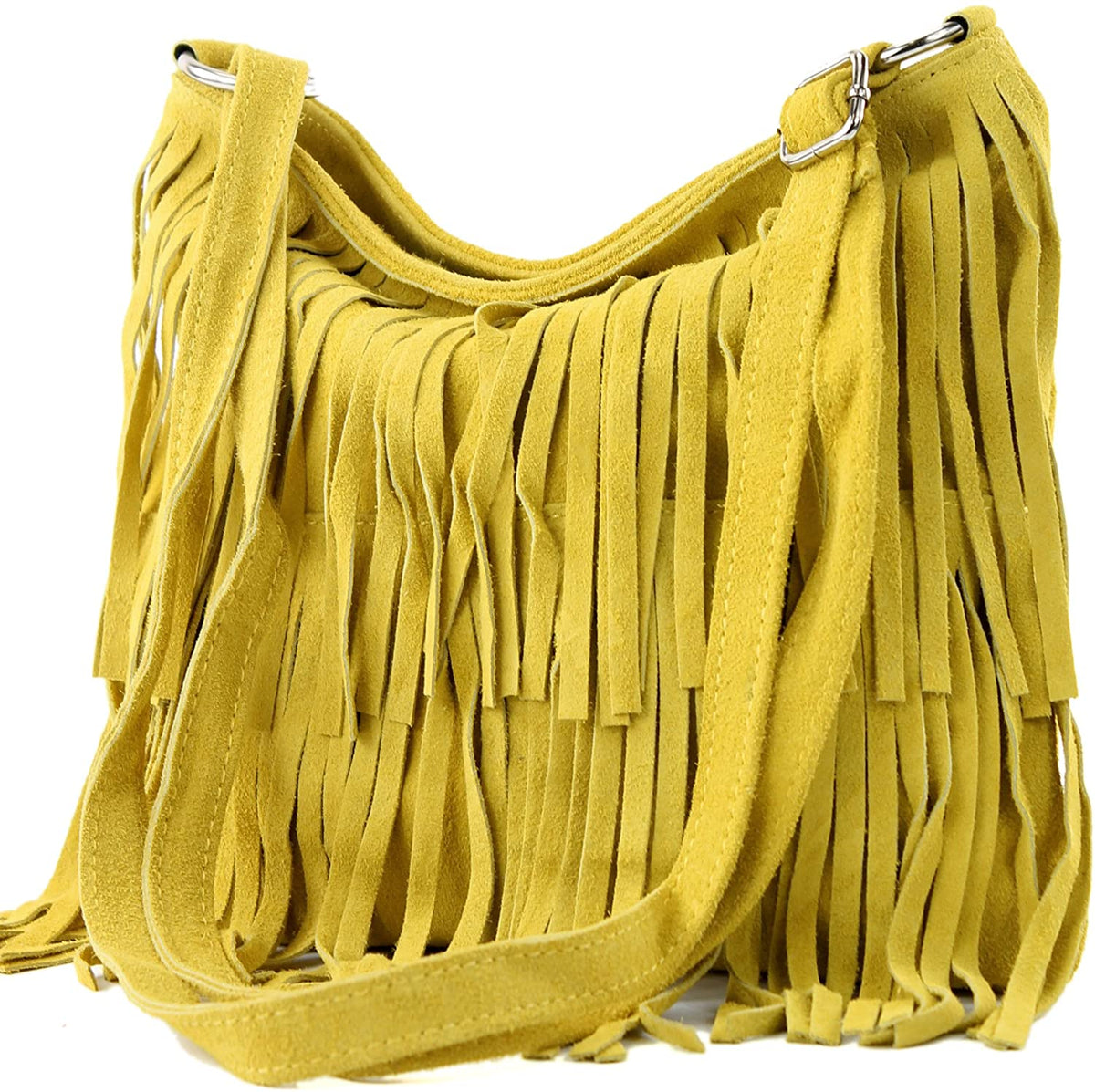 Italian Real Suede Leather Fringed Shoulder - Cross body Handbag - Yellow image