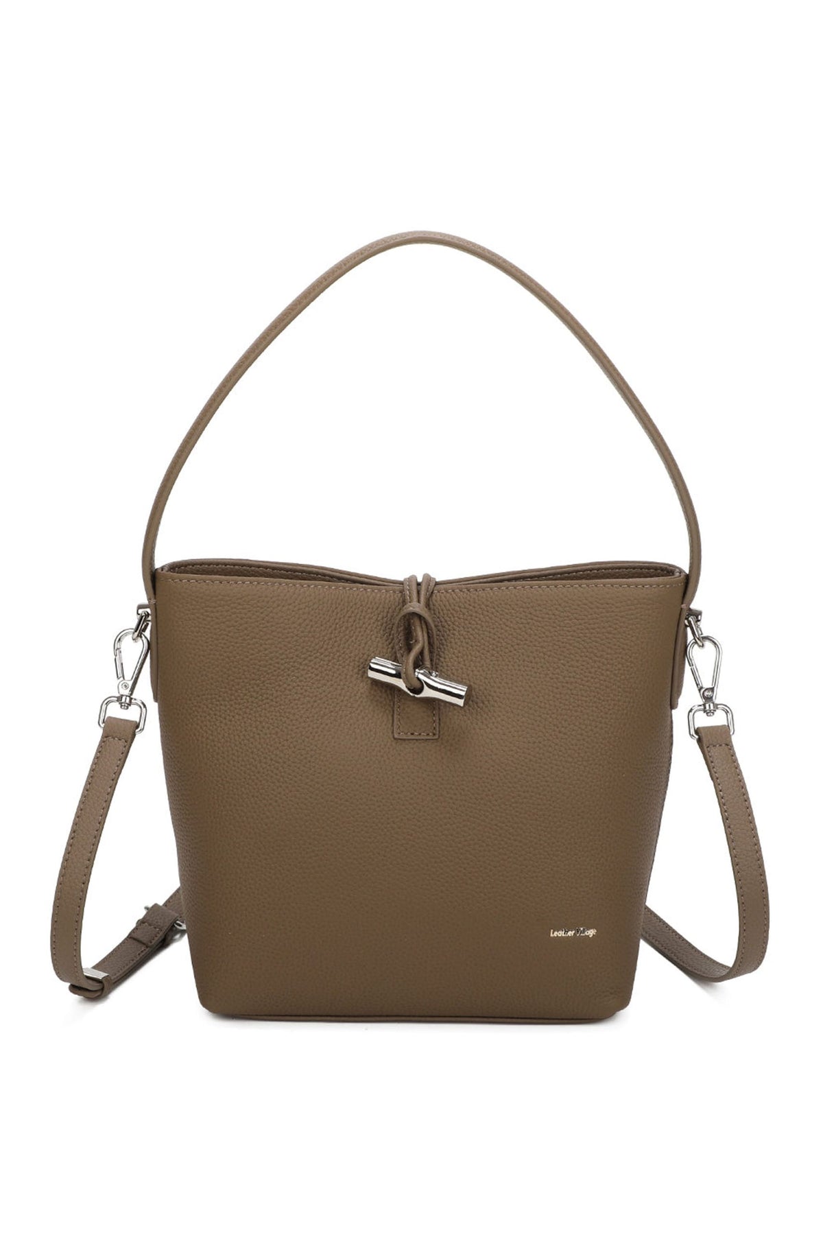 Real Leather Bucket Shoulder Handbag with Toggle Closure - TAUPE image