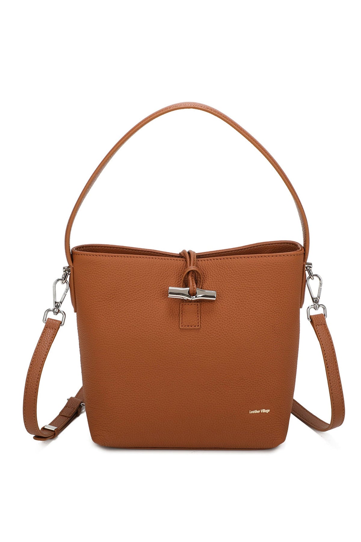 Real Leather Bucket Shoulder Handbag with Toggle Closure - BROWN image