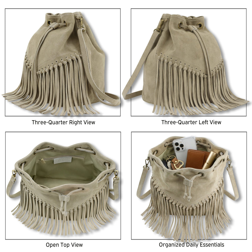 Soft Real Suede Leather Boho Fringe Bucket Shoulder Bag image 2