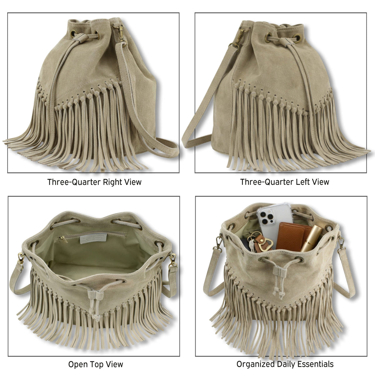 Soft Real Suede Leather Boho Fringe Bucket Shoulder Bag image 2
