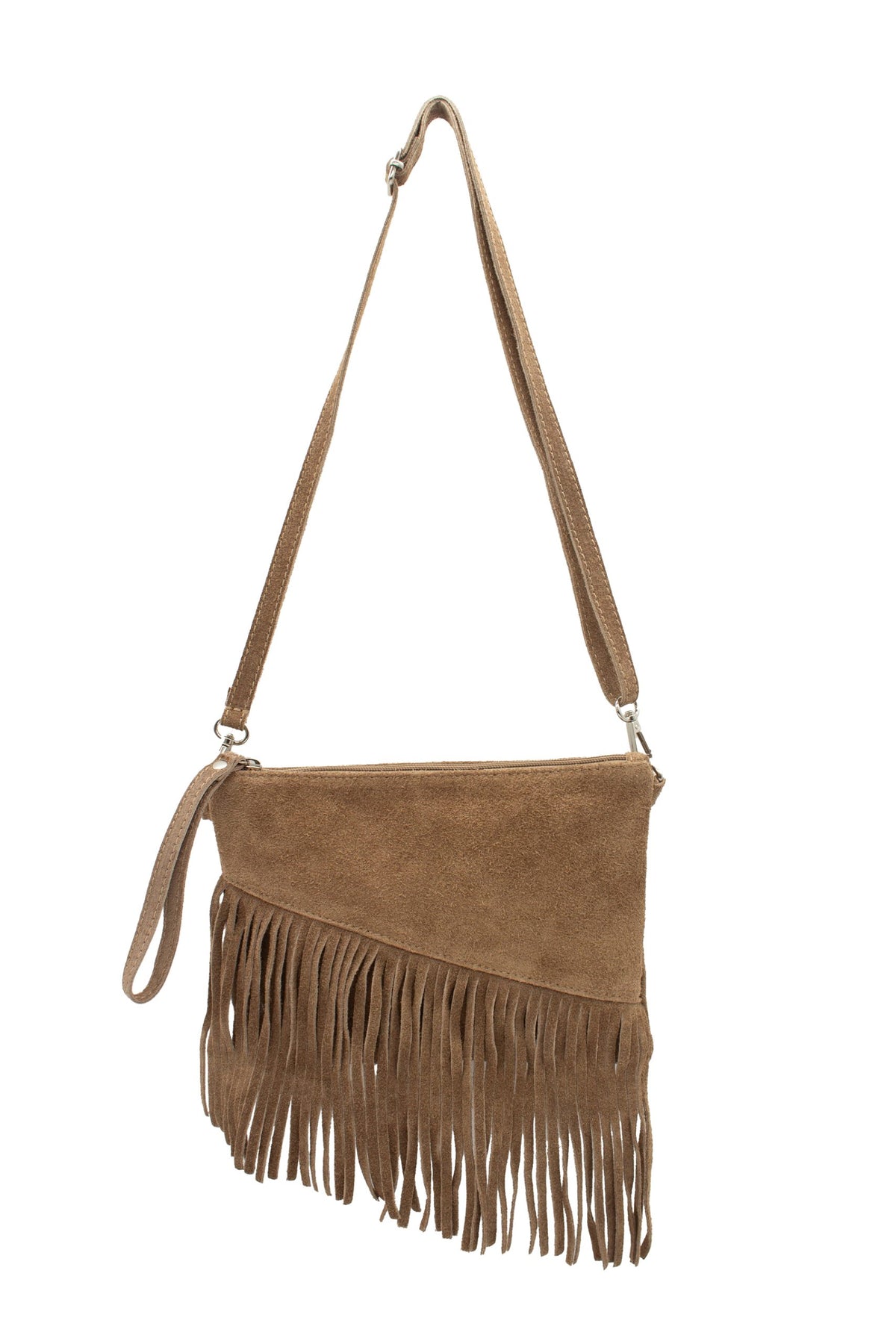 Small Multi-Functionla Fringe Italian Suede Leather Wristlet Purse Bag Crossobody Handbag - TAUPE image