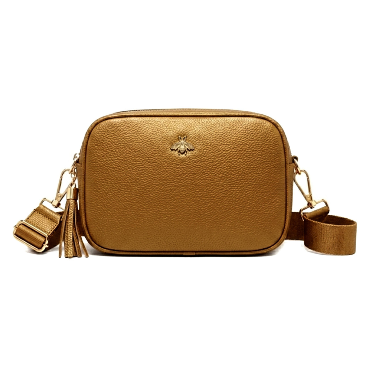 Genuine Leather Bee Logo Tassel Crossbody Camera Handbag - GOLDEN image