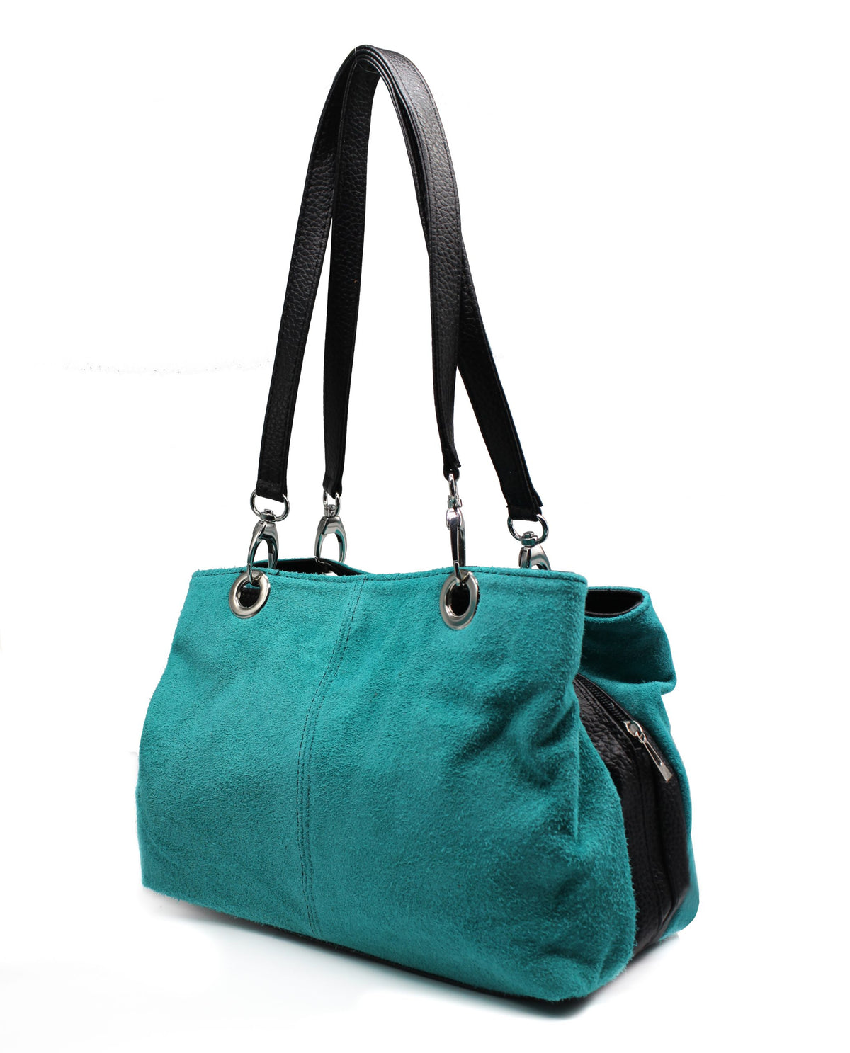 Real Italian Suede Vivid Colours Small 3 Compartments Tote Bag Stylish Shoulder Handbag - Turquoise image