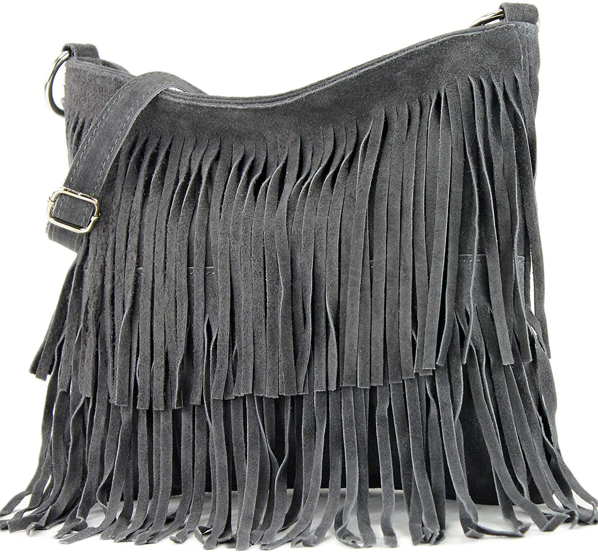 Italian Real Suede Leather Fringed Shoulder - Cross body Handbag - Grey image
