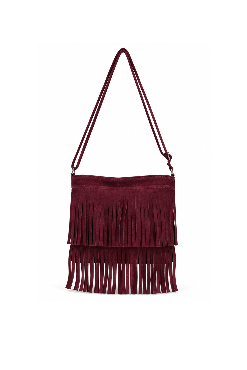Genuine Italian Suede Fringe Crossbody Bag with Adjustable Strap - Burgundy image