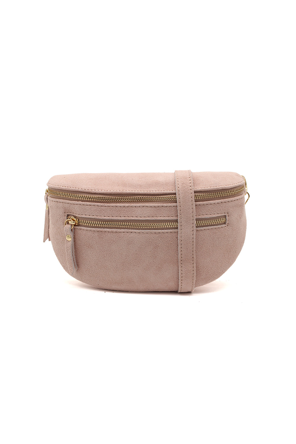 Genuine Italian Suede Sling Crossbody Bag with Dual Zipper Compartments - Pink image