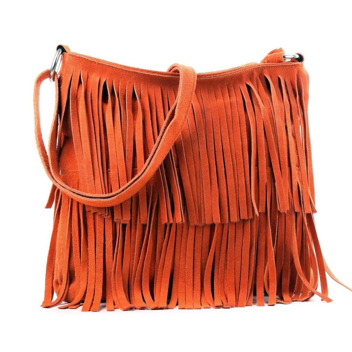 Italian Real Suede Leather Fringed Shoulder - Cross body Handbag - Orange image