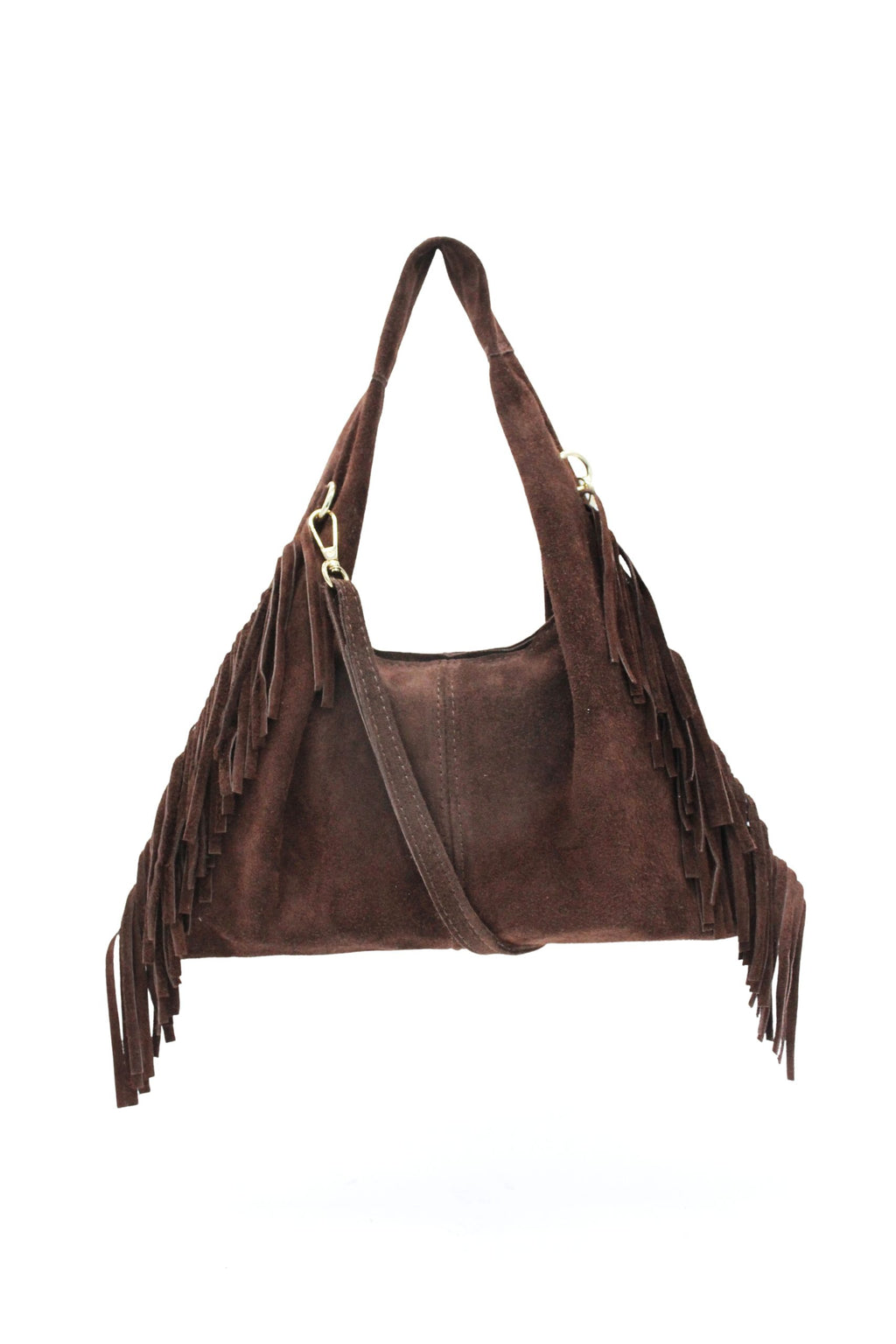 Italian Genuine Suede Fringe Crossbody Shoulder Bag - Coffee image