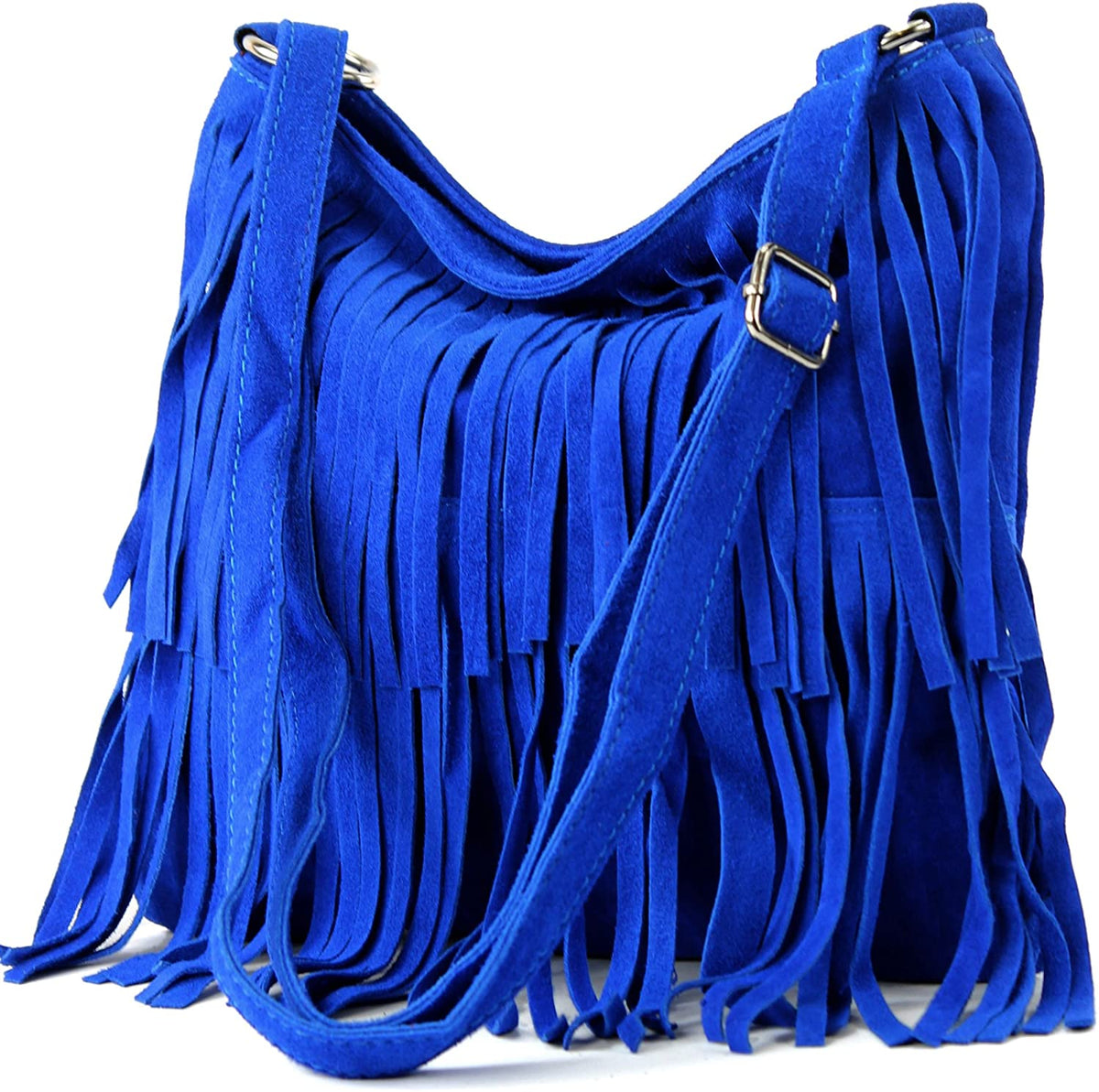 Italian Real Suede Leather Fringed Shoulder - Cross body Handbag - Blue image