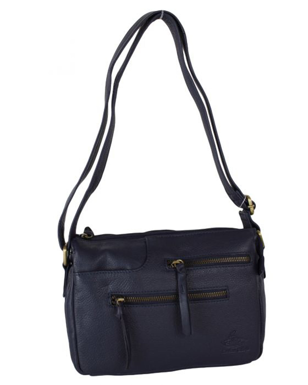 Double Front Zipper Compact Genuine Leather Shoulder Bag - NAVY image