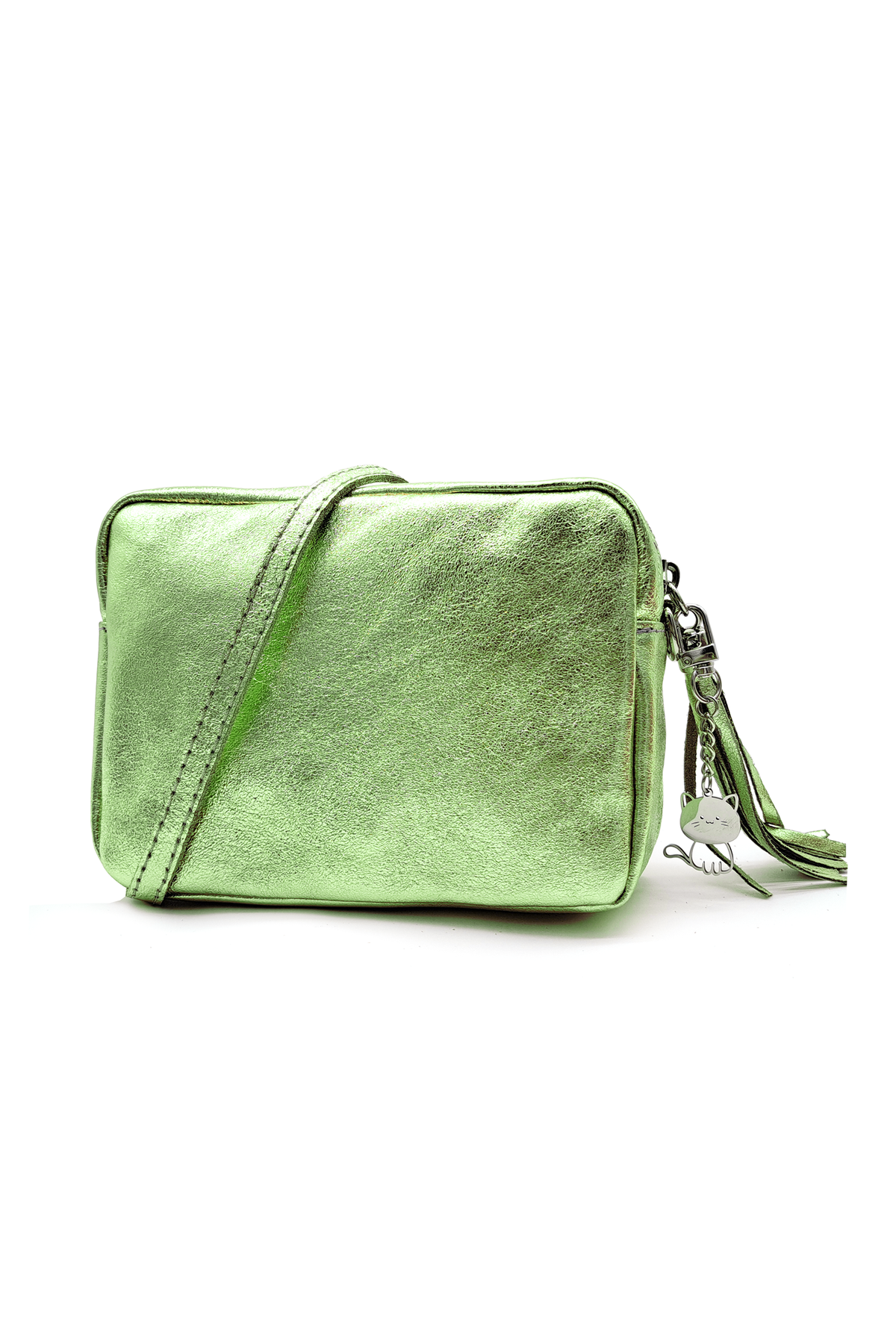 Mini Tassel Italian Genuine Leather Purse Crossbody Bag With Tassel - Green Metallic image
