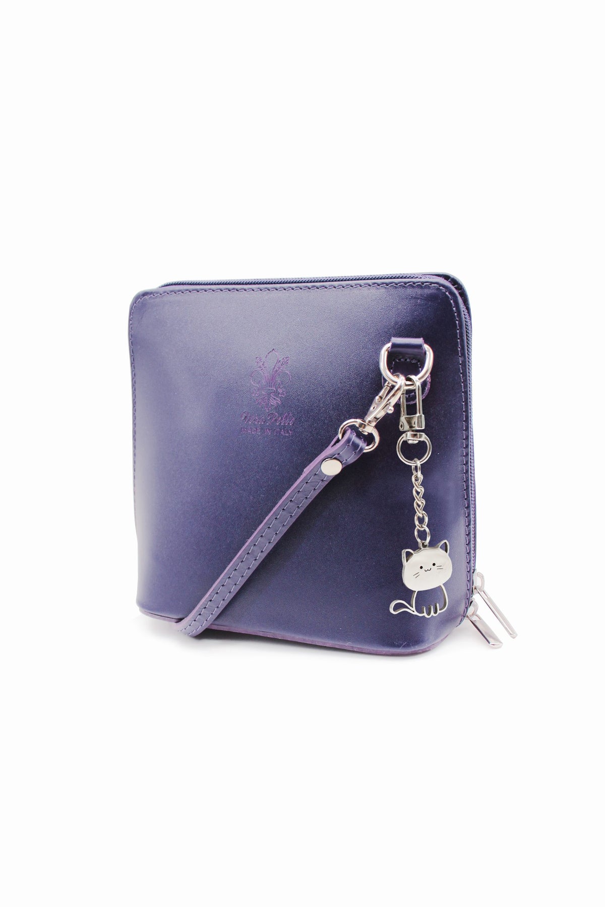 Small Italian Leather Handbag Crossbody Bag With Kitise Kitty Charm - Navy image