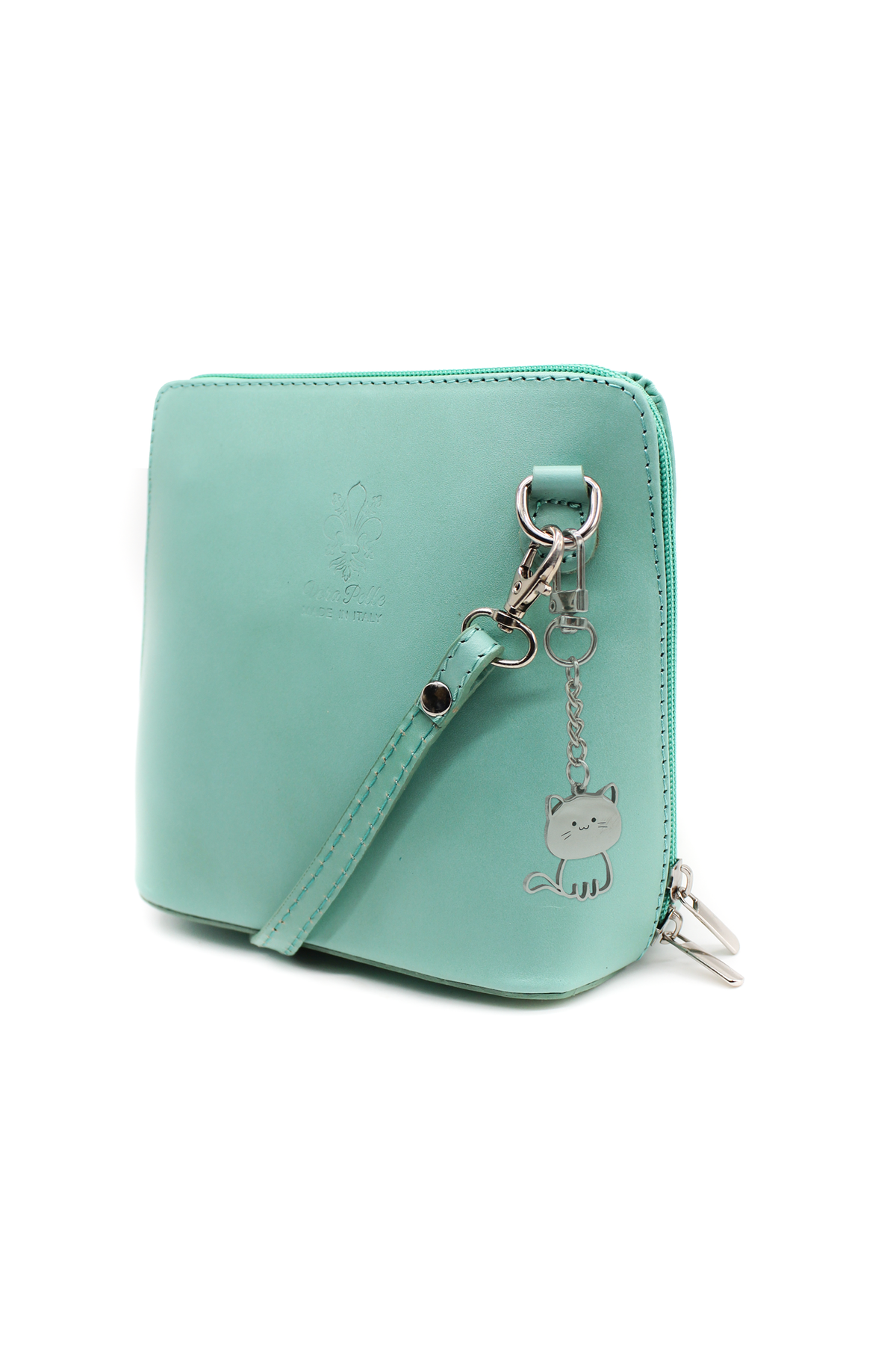 Small Italian Leather Handbag Crossbody Bag With Kitise Kitty Charm - Blue image