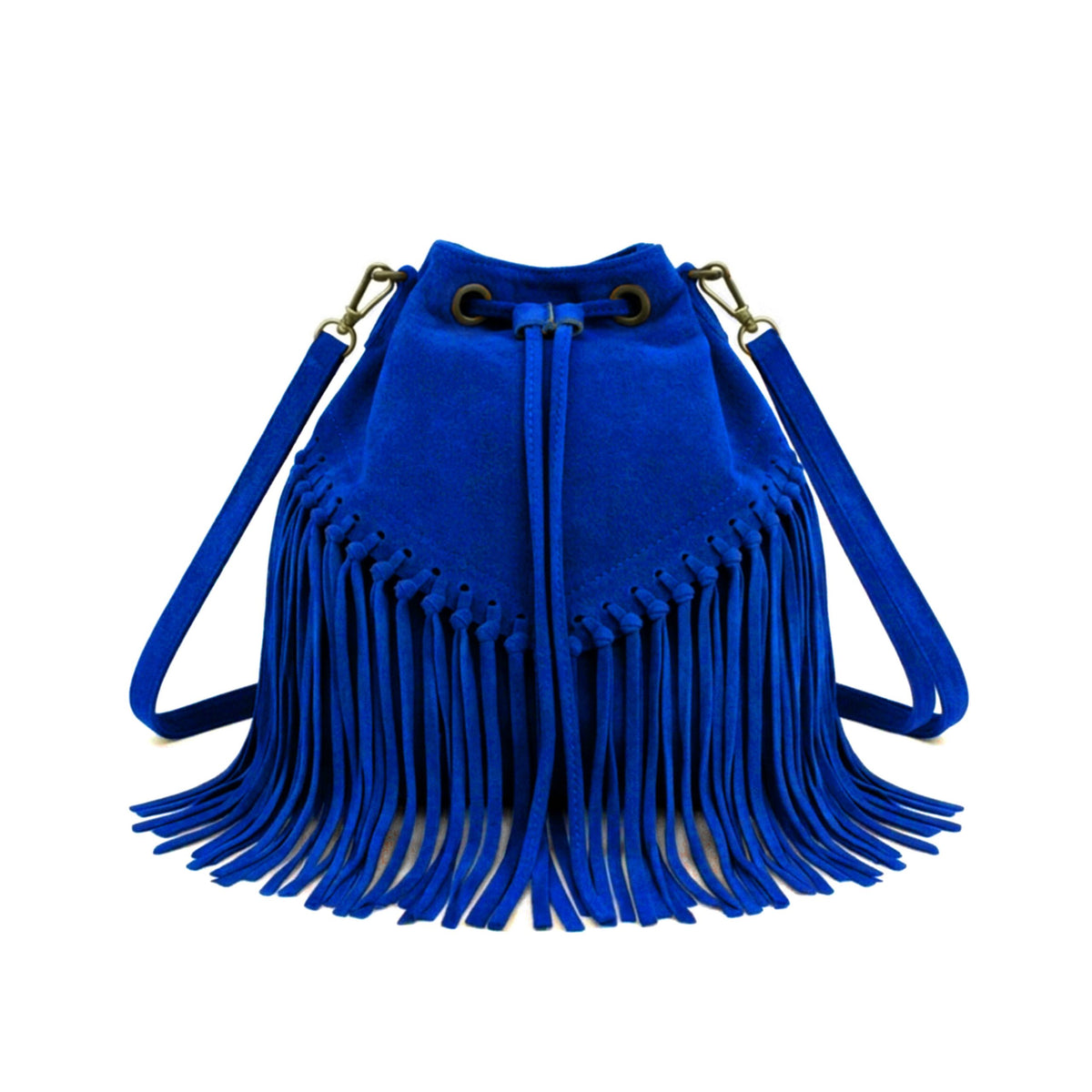 Soft Real Suede Leather Boho Fringe Bucket Shoulder Bag - ROYAL BLUE image