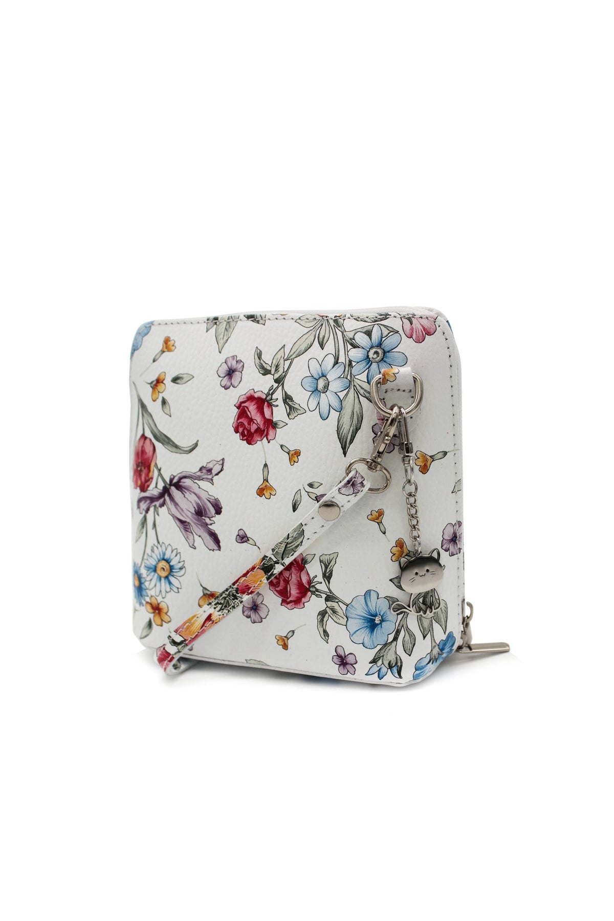 Small Italian Leather Handbag Crossbody Bag With Kitise Kitty Charm - Floral image