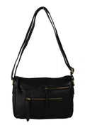 Double Front Zipper Compact Genuine Leather Shoulder Bag - BLACK image