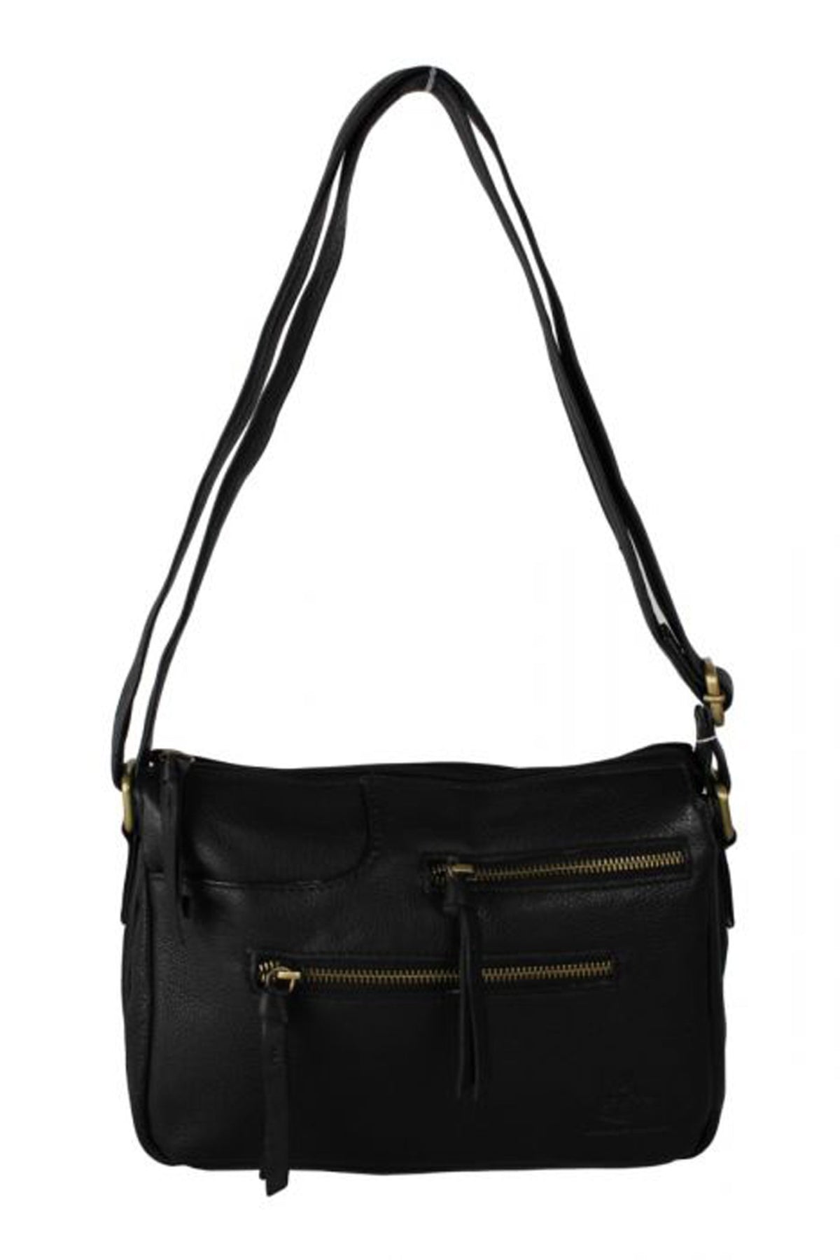 Double Front Zipper Compact Genuine Leather Shoulder Bag - BLACK image