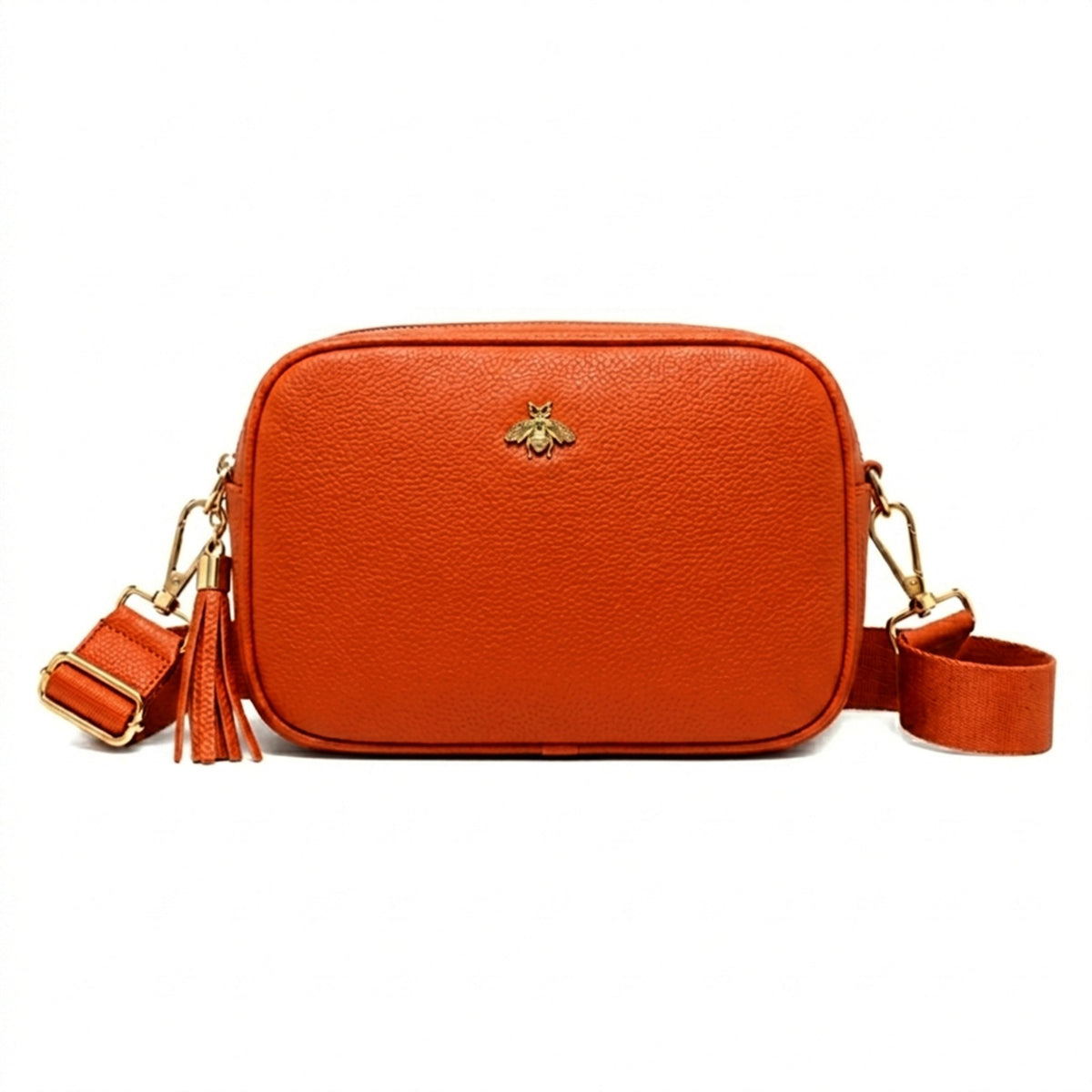 Genuine Leather Bee Logo Tassel Crossbody Camera Handbag - ORANGE image