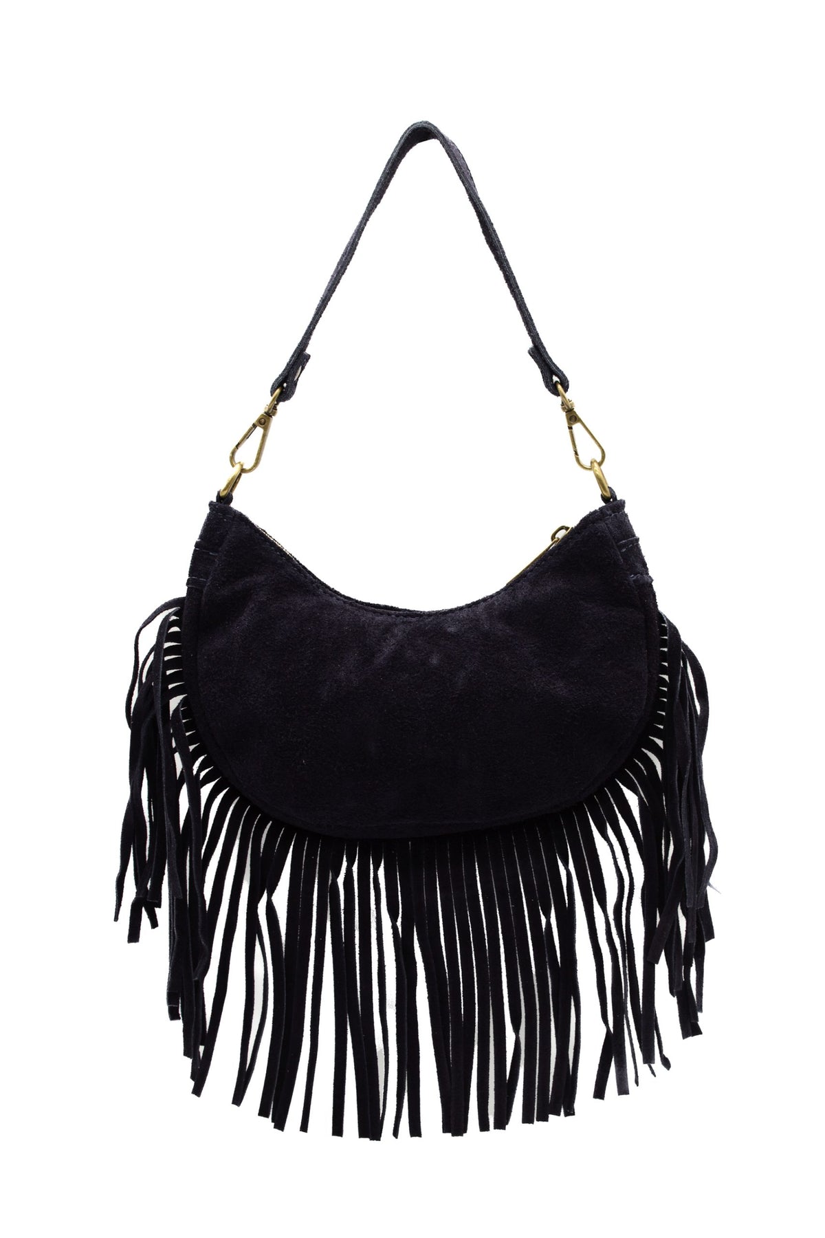 Small Genuine Italian Suede Fringed Crossbody Shoulder Bag - BLACK image