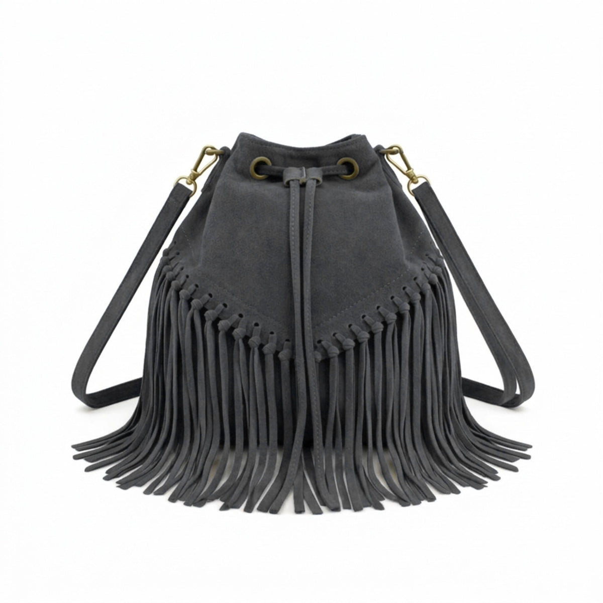 Soft Real Suede Leather Boho Fringe Bucket Shoulder Bag - DARK GREY image