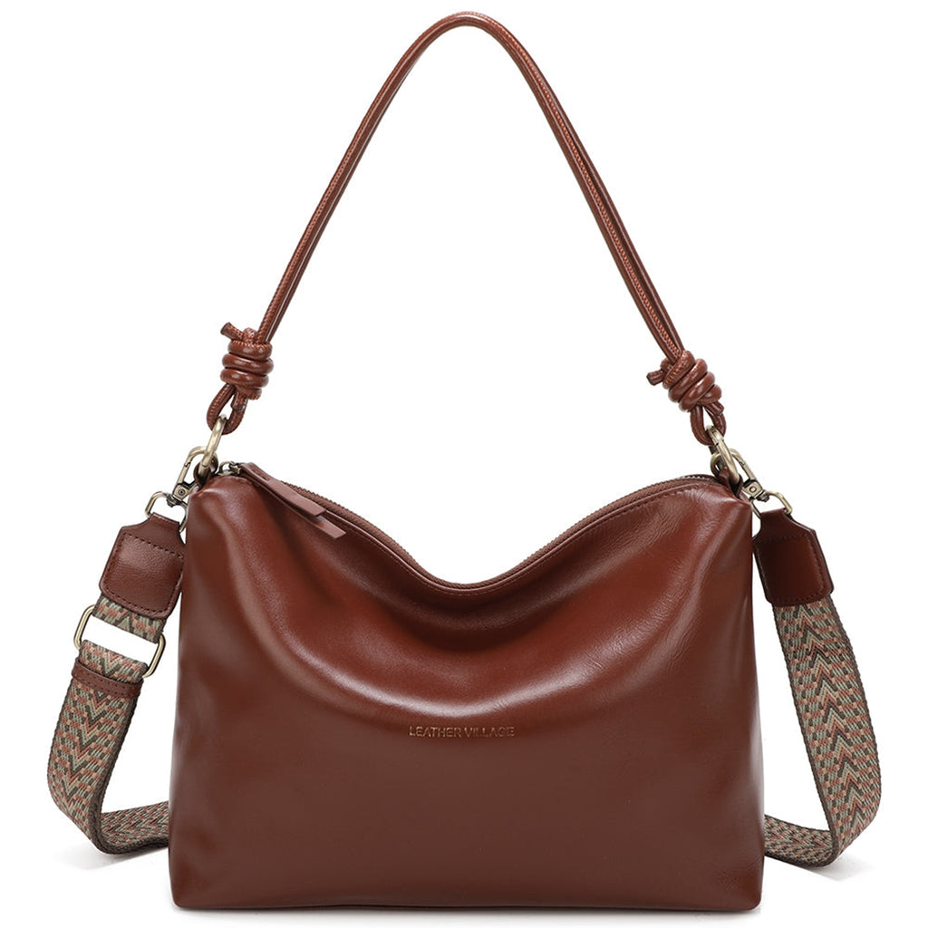 Genuine Leather Knotted Handle Crossbody Shoulder Bag - BROWN image