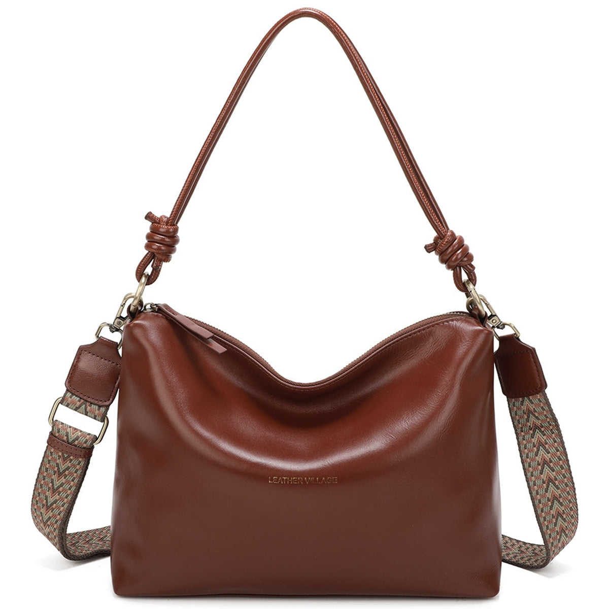 Genuine Leather Knotted Handle Crossbody Shoulder Bag - BROWN image
