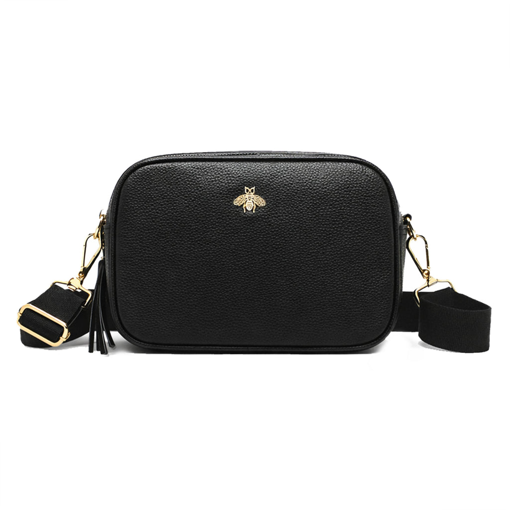 Genuine Leather Bee Logo Tassel Crossbody Camera Handbag - BLACK image