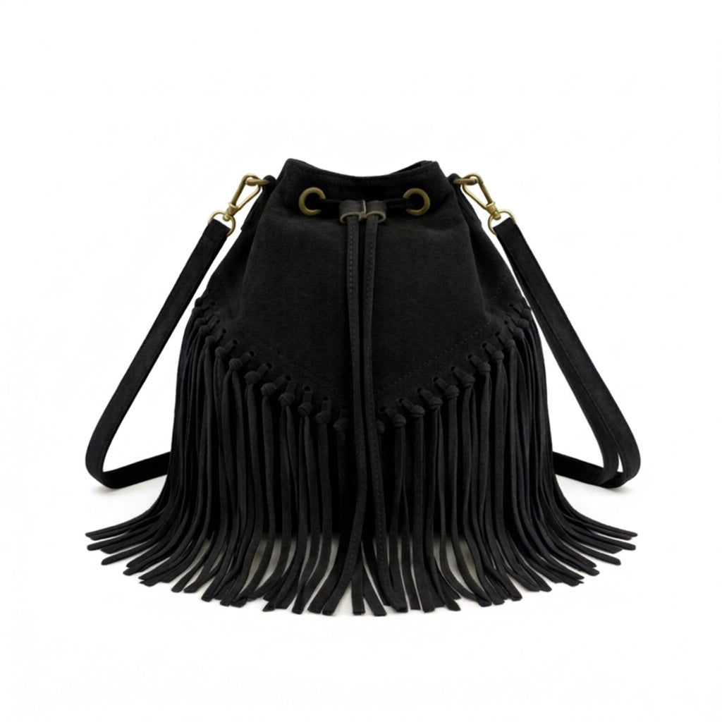 Soft Real Suede Leather Boho Fringe Bucket Shoulder Bag - BLACK image