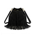 Soft Real Suede Leather Boho Fringe Bucket Shoulder Bag - BLACK image
