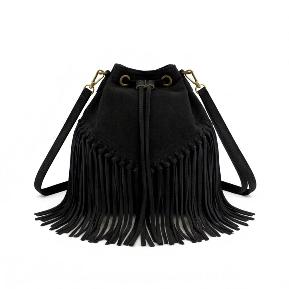 Soft Real Suede Leather Boho Fringe Bucket Shoulder Bag - BLACK image
