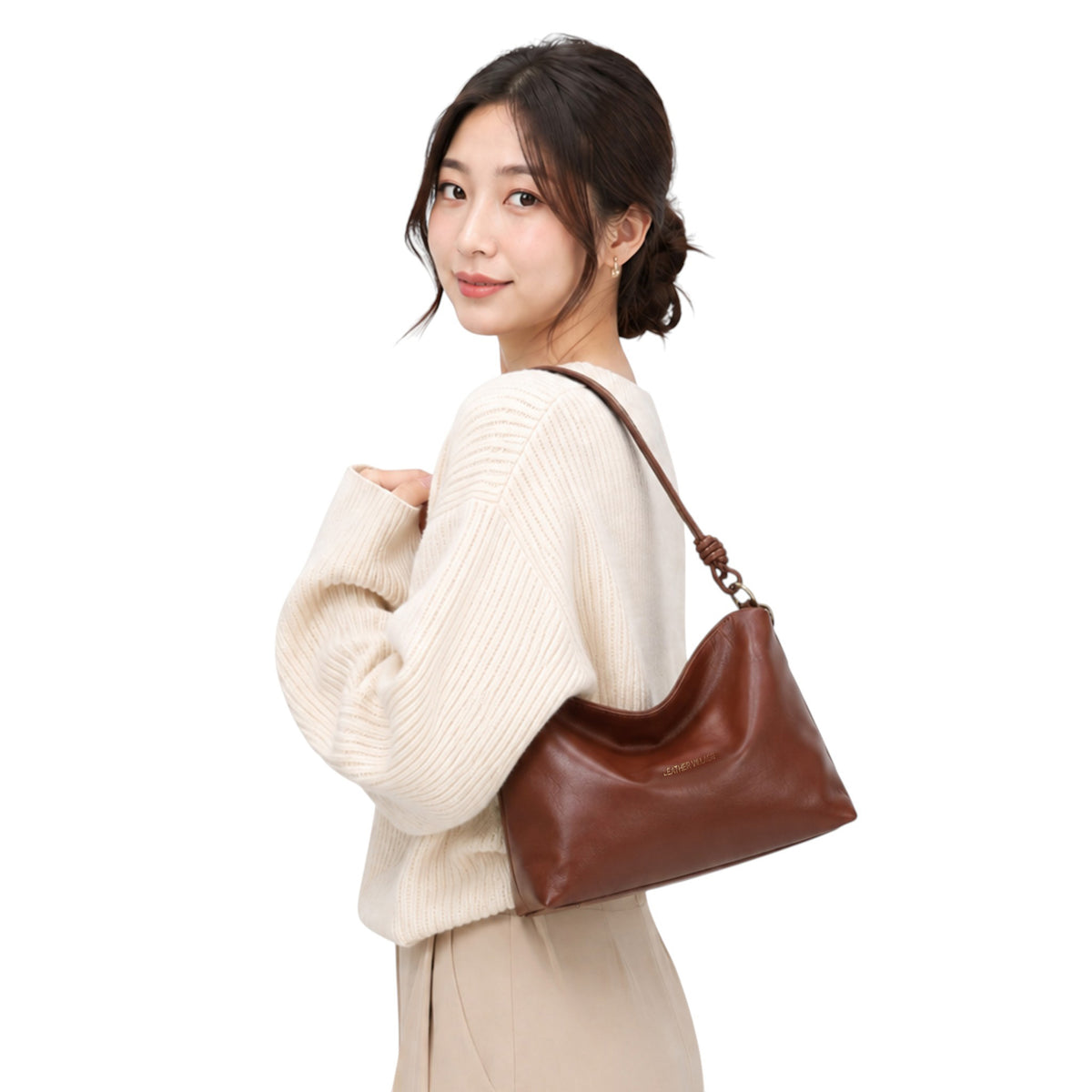 Genuine Leather Knotted Handle Crossbody Shoulder Bag image 3