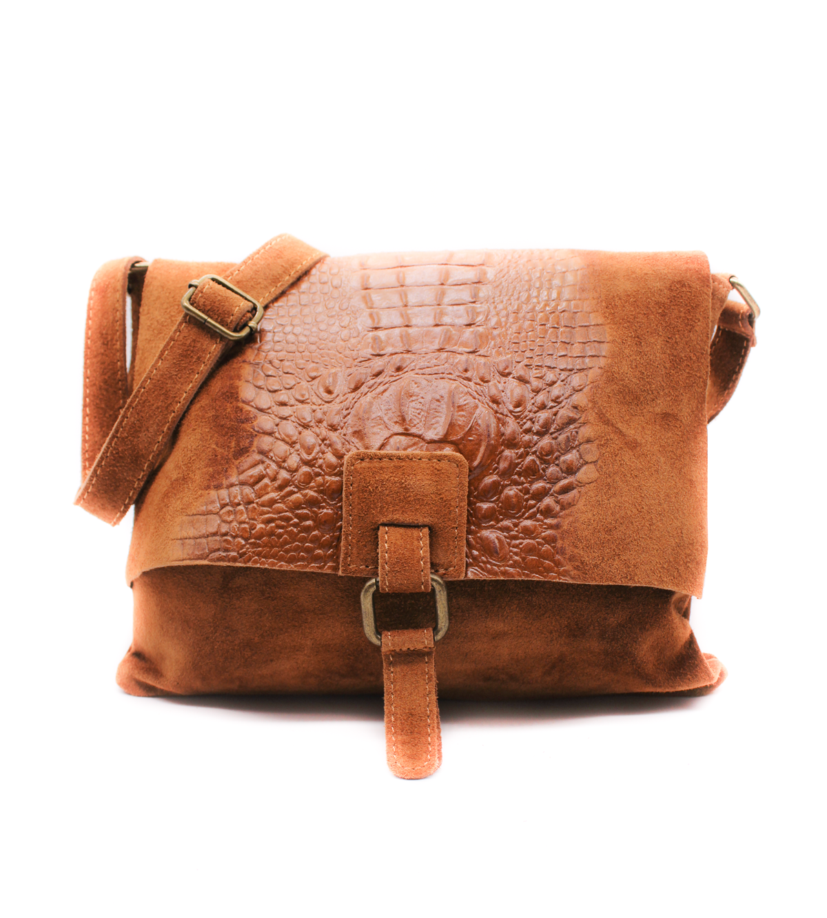 Italian Soft Suede Leather Croc Skin Pattern Flap Over Small Crossbody Bag - Brown image