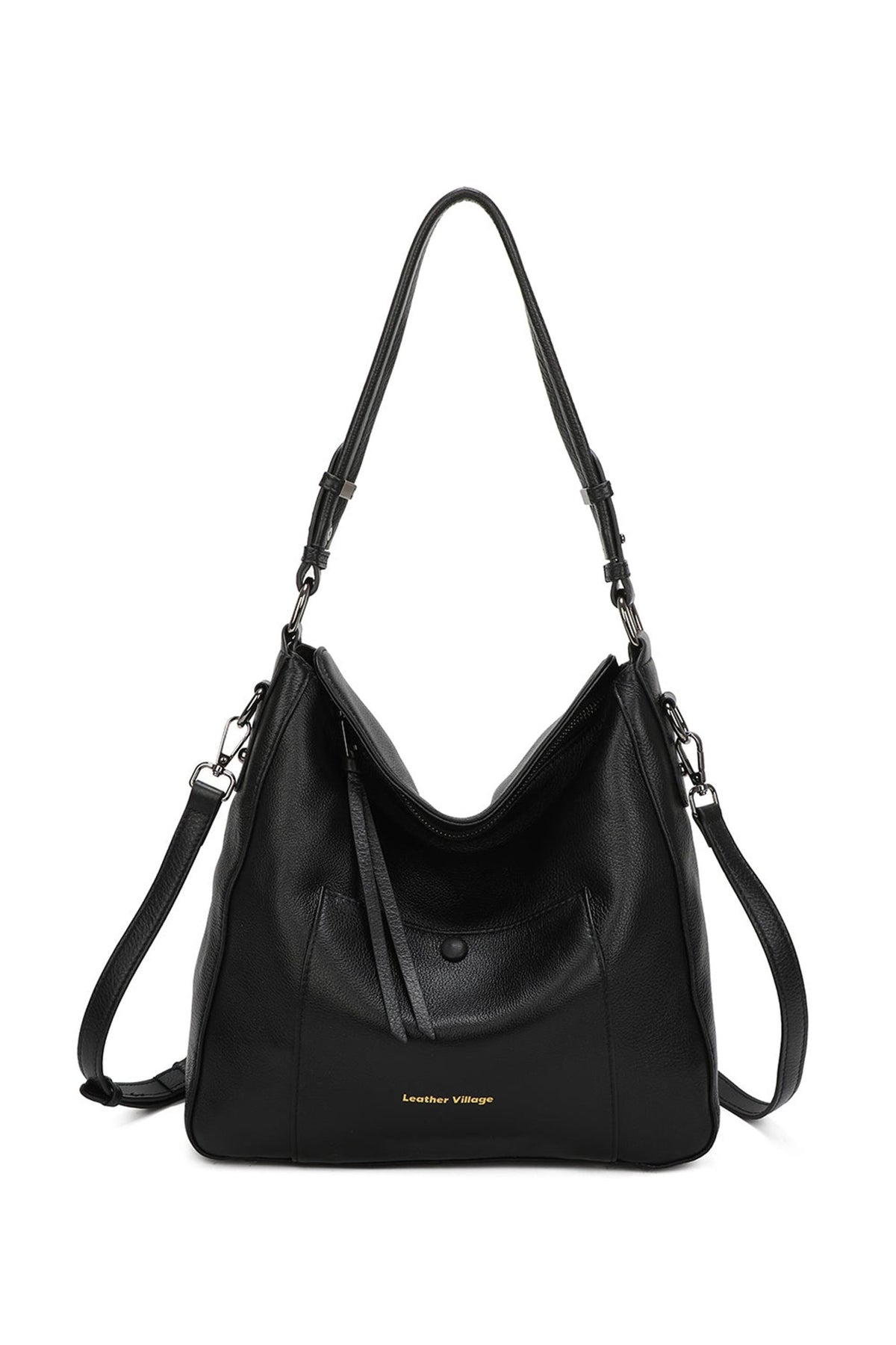 Genuine Leather Large Tote Shoulder Bag Front Pocket - BLACK image