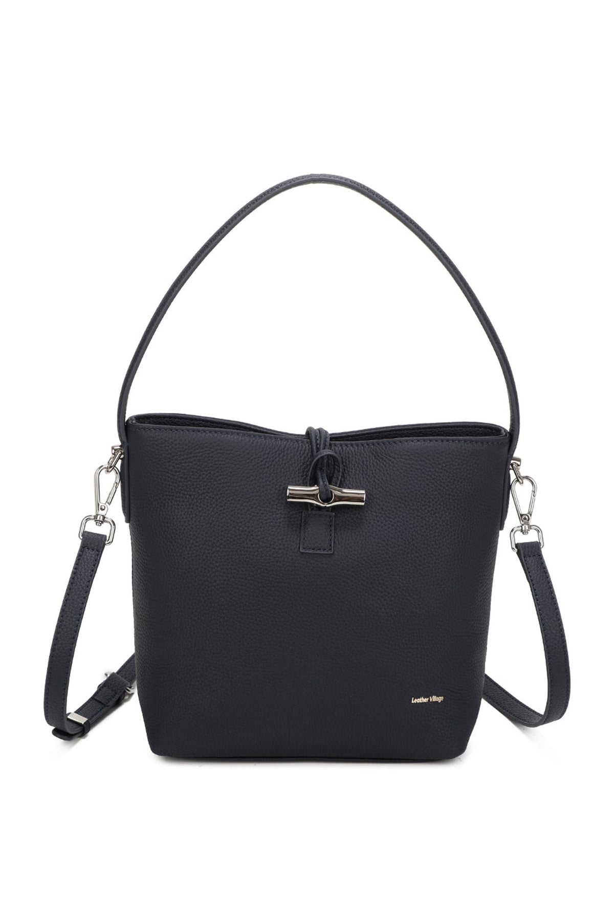 Real Leather Bucket Shoulder Handbag with Toggle Closure - NAVY image
