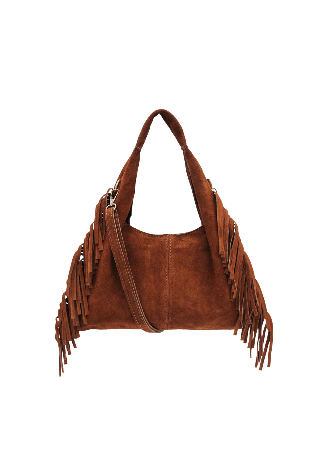 Italian Genuine Suede Fringe Crossbody Shoulder Bag - Brown image